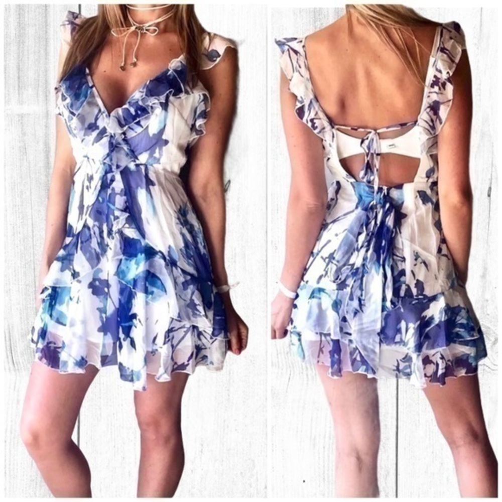 Floral Open Back Low V-Neck Ruffle Flowy Dress S